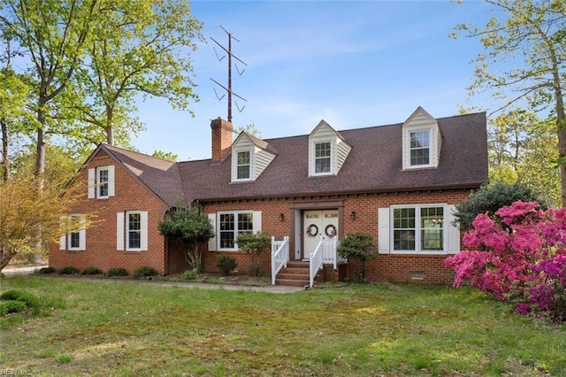 112 Farmington Blvd, Hampton, VA 23666 - new england style home featuring a chimney, brick siding, a front lawn, crawl space, and a shingled roof