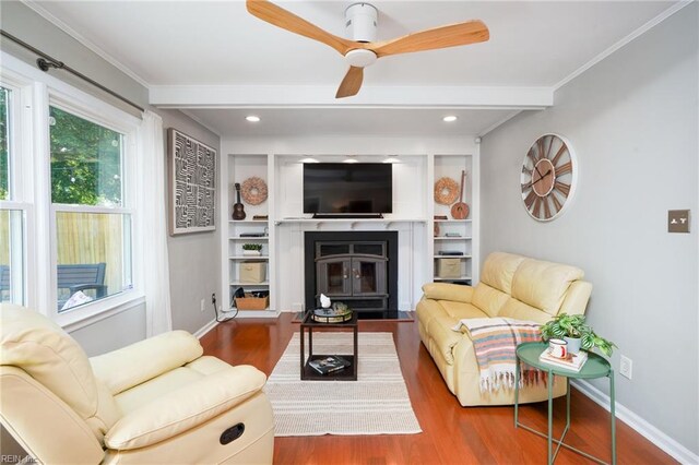 1964 Nettle St, Virginia Beach, VA 23453 - living room featuring wood finished floors, a fireplace with flush hearth, a ceiling fan, recessed lighting, and crown molding