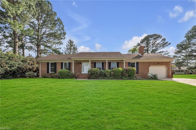 3905 Stonebridge Ct, Chesapeake, VA 23321 - single story home featuring a garage, driveway, a front yard, brick siding, and a chimney