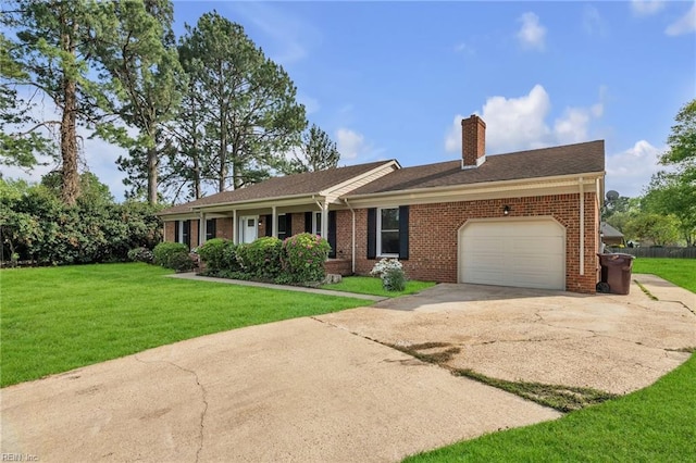 3905 Stonebridge Ct, Chesapeake, VA 23321 - ranch-style home featuring brick siding, concrete driveway, a garage, and a chimney