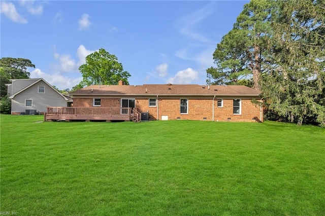 3905 Stonebridge Ct, Chesapeake, VA 23321 - rear view of house featuring a lawn, a deck, a chimney, brick siding, and crawl space