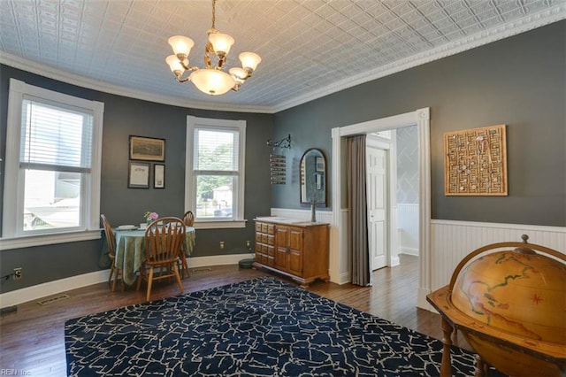 122 S Willard Ave, Hampton, VA 23663 - office space with crown molding, a chandelier, an ornate ceiling, and dark wood-type flooring