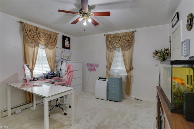 6285 Buckley Hall Rd, Cobbs Creek, VA 23035 - office area featuring carpet, a ceiling fan, and a baseboard radiator
