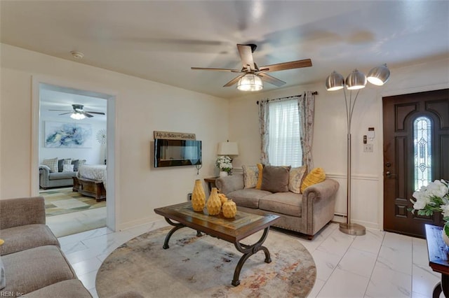 6285 Buckley Hall Rd, Cobbs Creek, VA 23035 - living room with light marble finish flooring and a ceiling fan