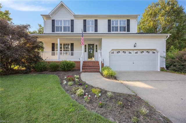 3015 Beech Grove Ln, Suffolk, VA 23435 - traditional home featuring a porch, driveway, a front lawn, and a garage