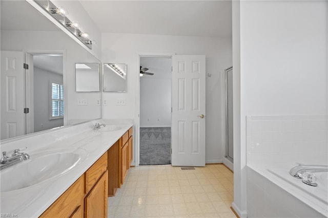 3015 Beech Grove Ln, Suffolk, VA 23435 - bathroom featuring double vanity, a garden tub, tile patterned floors, a shower with door, and a ceiling fan