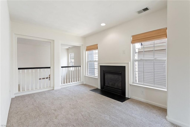 5405 Kiawah Ct, Virginia Beach, VA 23462 - unfurnished living room with carpet, a fireplace with flush hearth, and recessed lighting