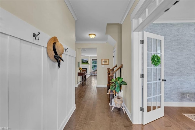 112 Gleneagles, Smithfield, VA 23430 - hallway with stairs, wood finished floors, and ornamental molding
