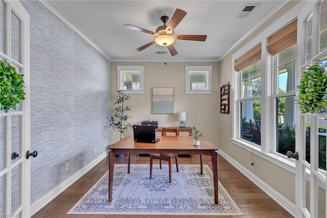 112 Gleneagles, Smithfield, VA 23430 - office area with french doors, dark wood-type flooring, ornamental molding, an accent wall, and a ceiling fan