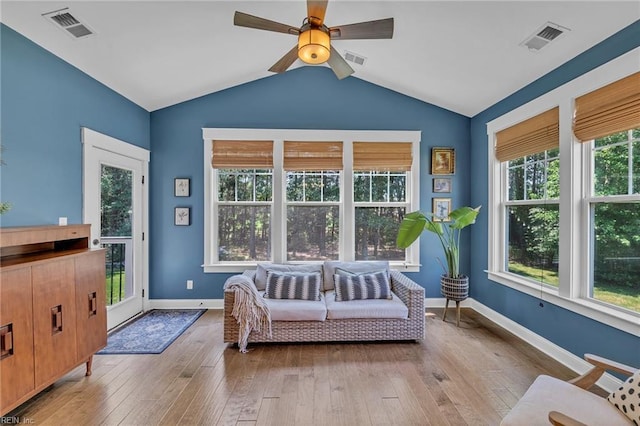 112 Gleneagles, Smithfield, VA 23430 - living area featuring vaulted ceiling, hardwood / wood-style flooring, and a ceiling fan