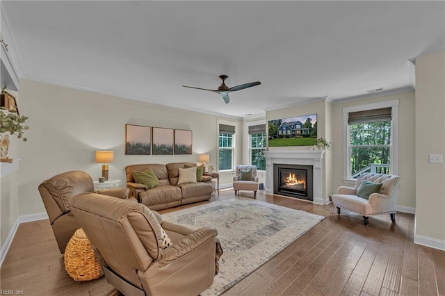 112 Gleneagles, Smithfield, VA 23430 - living room with a glass covered fireplace, crown molding, hardwood / wood-style floors, and ceiling fan