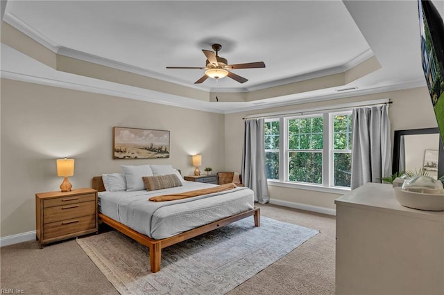 112 Gleneagles, Smithfield, VA 23430 - bedroom featuring a tray ceiling, light carpet, ornamental molding, and a ceiling fan