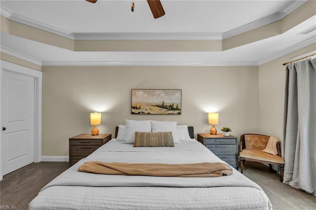 112 Gleneagles, Smithfield, VA 23430 - bedroom featuring carpet floors, ornamental molding, a tray ceiling, and ceiling fan