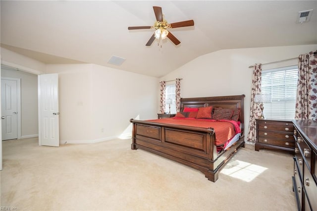 1304 Kemp Bridge Dr, Chesapeake, VA 23320 - bedroom featuring light colored carpet, multiple windows, vaulted ceiling, and a ceiling fan