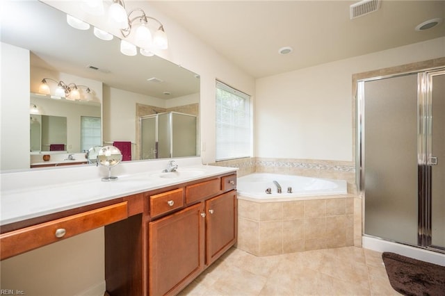 1304 Kemp Bridge Dr, Chesapeake, VA 23320 - bathroom with a bath, tile patterned floors, vanity, and a shower stall