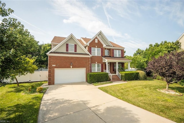 1304 Kemp Bridge Dr, Chesapeake, VA 23320 - view of front of property with brick siding, a garage, covered porch, and concrete driveway