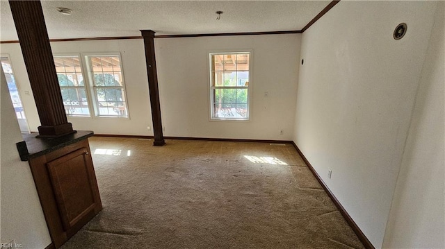 4371 Providence Rd, Hayes, VA 23072 - carpeted empty room with ornamental molding, healthy amount of natural light, decorative columns, and a textured ceiling