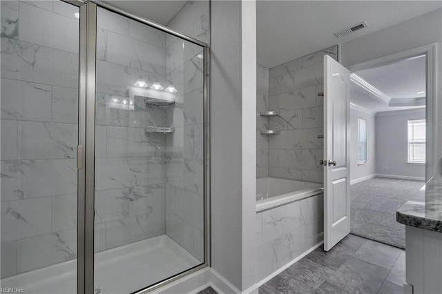 115 Pescara Ln, Newport News, VA 23601 - full bath featuring a marble finish shower, a tub with marble appearance, ornamental molding, and vanity