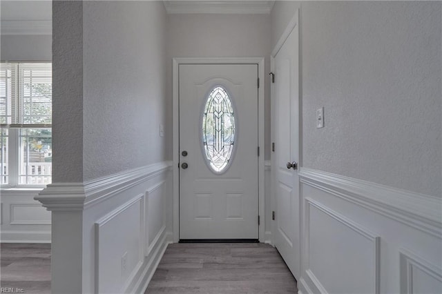 115 Pescara Ln, Newport News, VA 23601 - doorway with a textured wall, a decorative wall, wood finished floors, plenty of natural light, and crown molding