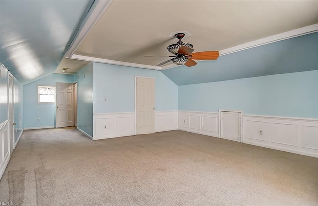 2561 Elon Dr, Virginia Beach, VA 23454 - additional living space featuring vaulted ceiling, light carpet, a ceiling fan, a decorative wall, and wainscoting