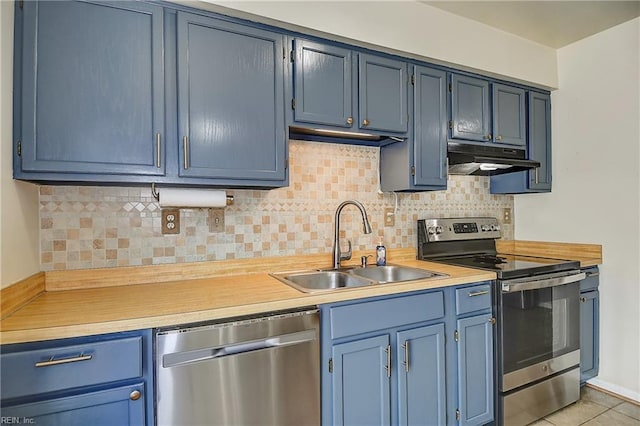2561 Elon Dr, Virginia Beach, VA 23454 - kitchen featuring stainless steel appliances, under cabinet range hood, blue cabinetry, and light countertops