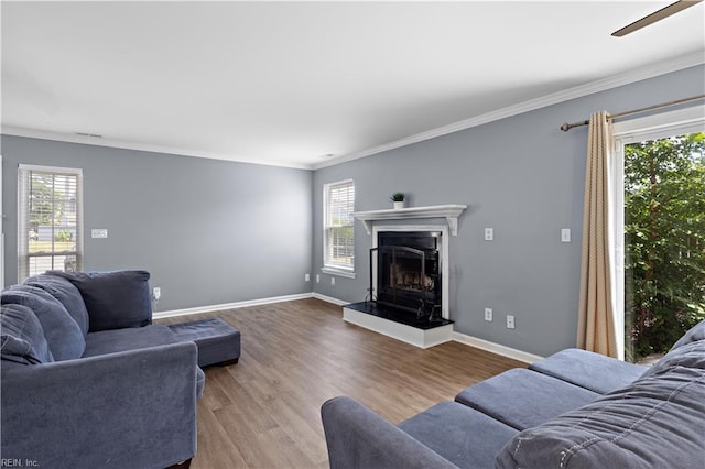 625 Ridge Cir, Chesapeake, VA 23320 - living room featuring ornamental molding, wood finished floors, a fireplace with raised hearth, and a ceiling fan