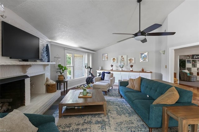 1292 Holly Point Rd, Virginia Beach, VA 23454 - living room featuring lofted ceiling, a ceiling fan, a brick fireplace, and a textured ceiling