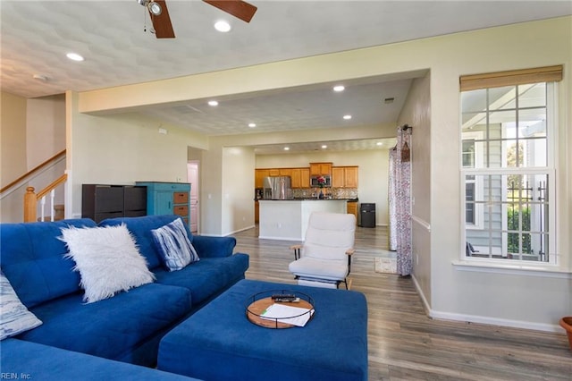 5212 Moreland St Unit 450, Suffolk, VA 23435 - living area featuring wood finished floors, recessed lighting, stairs, and ceiling fan