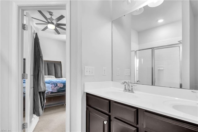 600 Grimes Way, Chesapeake, VA 23324 - full bath with ensuite bath, double vanity, tiled shower, and a ceiling fan