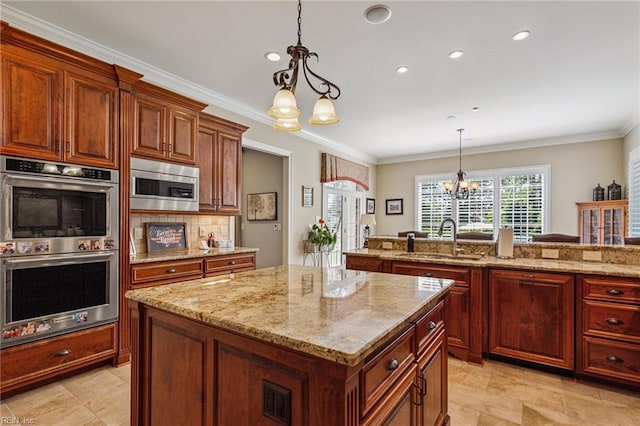 201 Glebe Spring Ln, Yorktown, VA 23693 - kitchen featuring stainless steel appliances, a chandelier, light stone countertops, pendant lighting, and ornamental molding