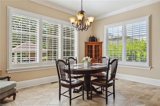 201 Glebe Spring Ln, Yorktown, VA 23693 - dining space with a chandelier, crown molding, and light tile patterned floors
