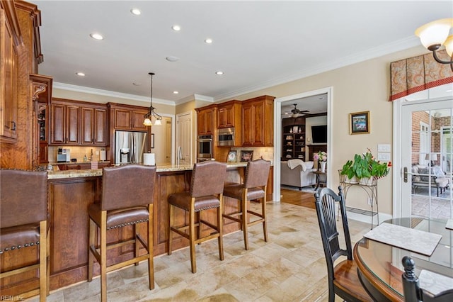 201 Glebe Spring Ln, Yorktown, VA 23693 - kitchen featuring appliances with stainless steel finishes, recessed lighting, backsplash, light stone countertops, and crown molding