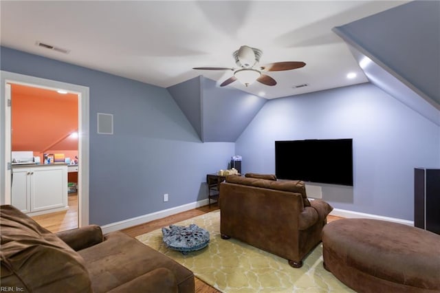201 Glebe Spring Ln, Yorktown, VA 23693 - cinema featuring lofted ceiling, ceiling fan, recessed lighting, and light wood-style floors