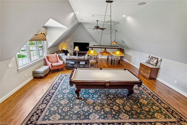 201 Glebe Spring Ln, Yorktown, VA 23693 - recreation room with wood finished floors, vaulted ceiling, ceiling fan, and billiards