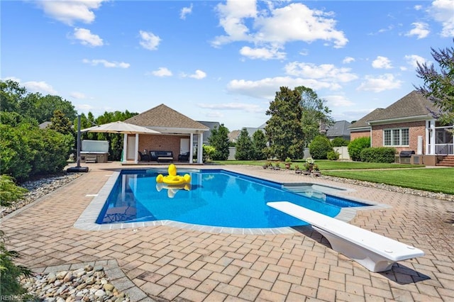 201 Glebe Spring Ln, Yorktown, VA 23693 - view of swimming pool with a gazebo, a patio area, a diving board, a lawn, and a hot tub