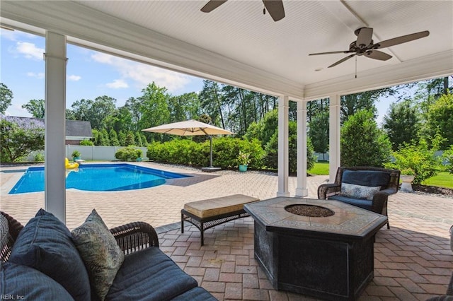 201 Glebe Spring Ln, Yorktown, VA 23693 - view of patio with an outdoor fire pit and ceiling fan