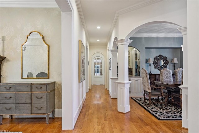 201 Glebe Spring Ln, Yorktown, VA 23693 - hallway featuring ornamental molding, light wood-style floors, arched walkways, and recessed lighting