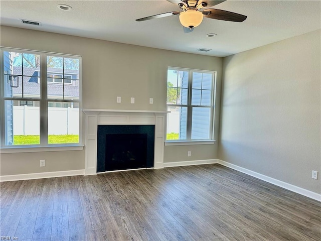 4472 Old Princess Anne Rd, Virginia Beach, VA 23462 - unfurnished living room with dark wood finished floors, a ceiling fan, and a fireplace