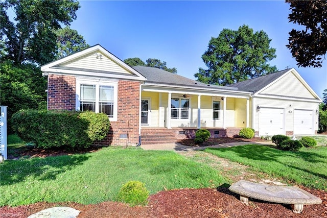 66 Heron Harbor Way, Hudgins, VA 23076 - ranch-style home featuring a porch, a garage, a front lawn, and brick siding