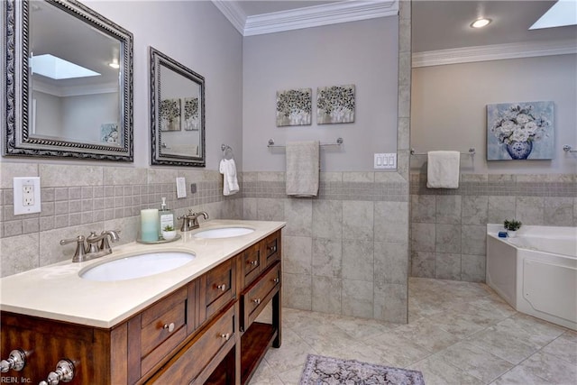 66 Heron Harbor Way, Hudgins, VA 23076 - bathroom featuring crown molding, tile walls, double vanity, a garden tub, and a skylight