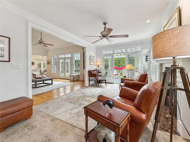 2841 Bennetts Pond Rd, Williamsburg, VA 23185 - living room featuring a ceiling fan, crown molding, and recessed lighting