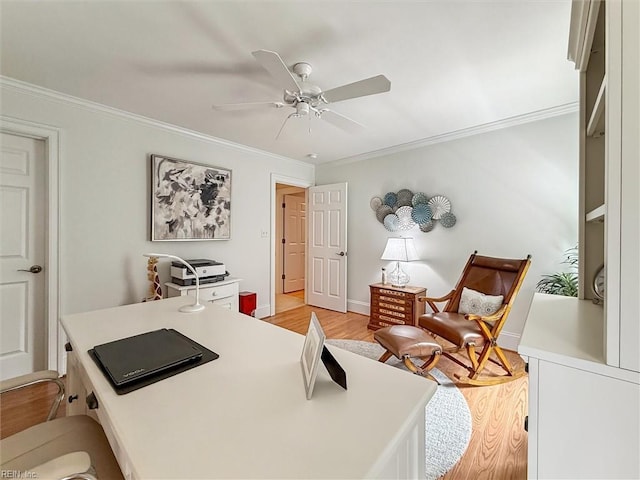 2841 Bennetts Pond Rd, Williamsburg, VA 23185 - home office with light wood-type flooring, ornamental molding, and ceiling fan