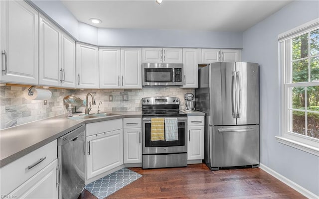 708 Inlet Quay Quay Unit D, Chesapeake, VA 23320 - kitchen featuring stainless steel appliances, dark wood-style flooring, white cabinetry, and backsplash