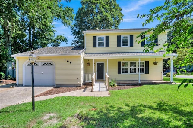 106 Deep Water Cv, Newport News, VA 23606 - traditional-style home with a garage, concrete driveway, a front lawn, and covered porch