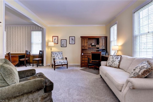 2712 Holly Ridge Ln, Williamsburg, VA 23185 - living room with ornamental molding, healthy amount of natural light, carpet, and a desk