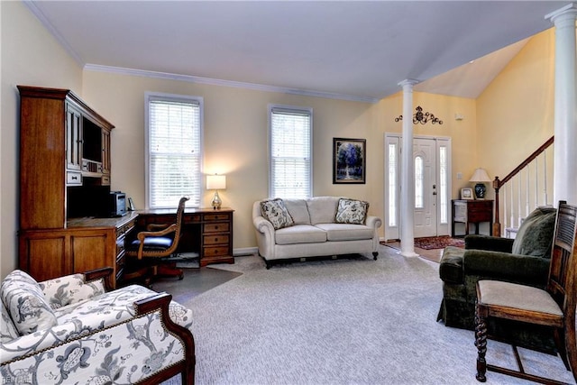 2712 Holly Ridge Ln, Williamsburg, VA 23185 - living area featuring decorative columns, carpet flooring, ornamental molding, and plenty of natural light
