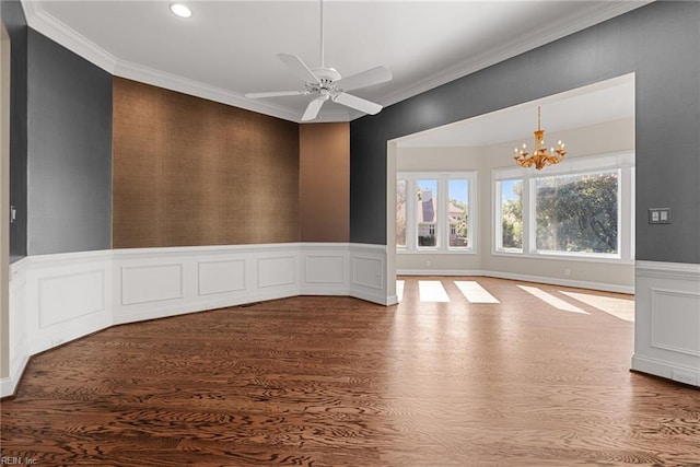 308 Rivers Edge, Williamsburg, VA 23185 - spare room with a chandelier, dark wood-style flooring, recessed lighting, wainscoting, and ornamental molding
