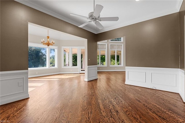 308 Rivers Edge, Williamsburg, VA 23185 - empty room with a chandelier, wood finished floors, ornamental molding, a ceiling fan, and a decorative wall