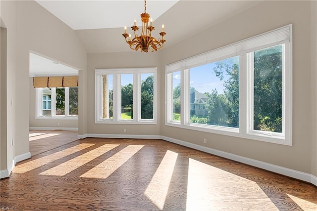 308 Rivers Edge, Williamsburg, VA 23185 - unfurnished sunroom featuring a chandelier and vaulted ceiling