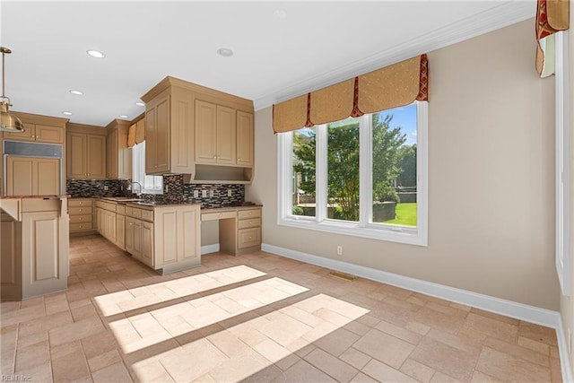 308 Rivers Edge, Williamsburg, VA 23185 - kitchen featuring stone tile floors, tasteful backsplash, recessed lighting, cream cabinetry, and decorative light fixtures
